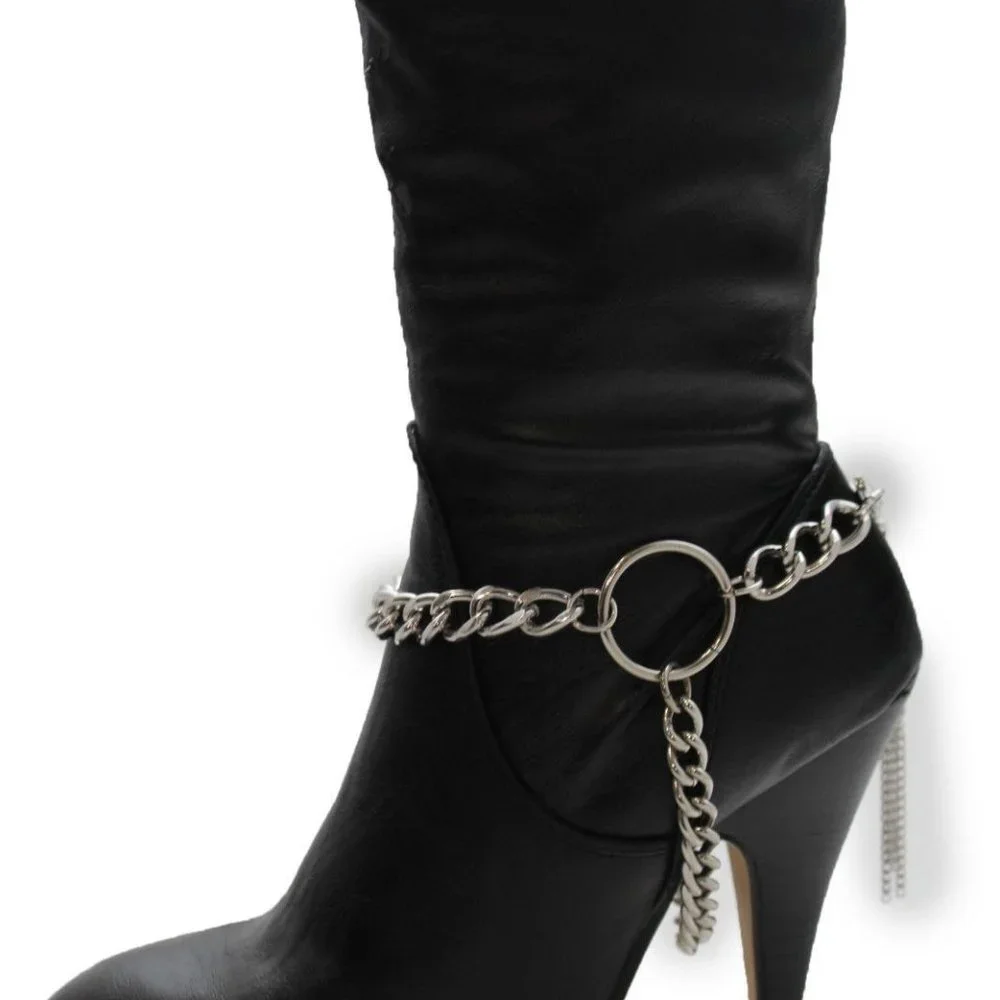 Women Silver Metal Boot Chain Bracelet Circle Back Tassel Shoe Charm Anklet - Picture 9 of 12